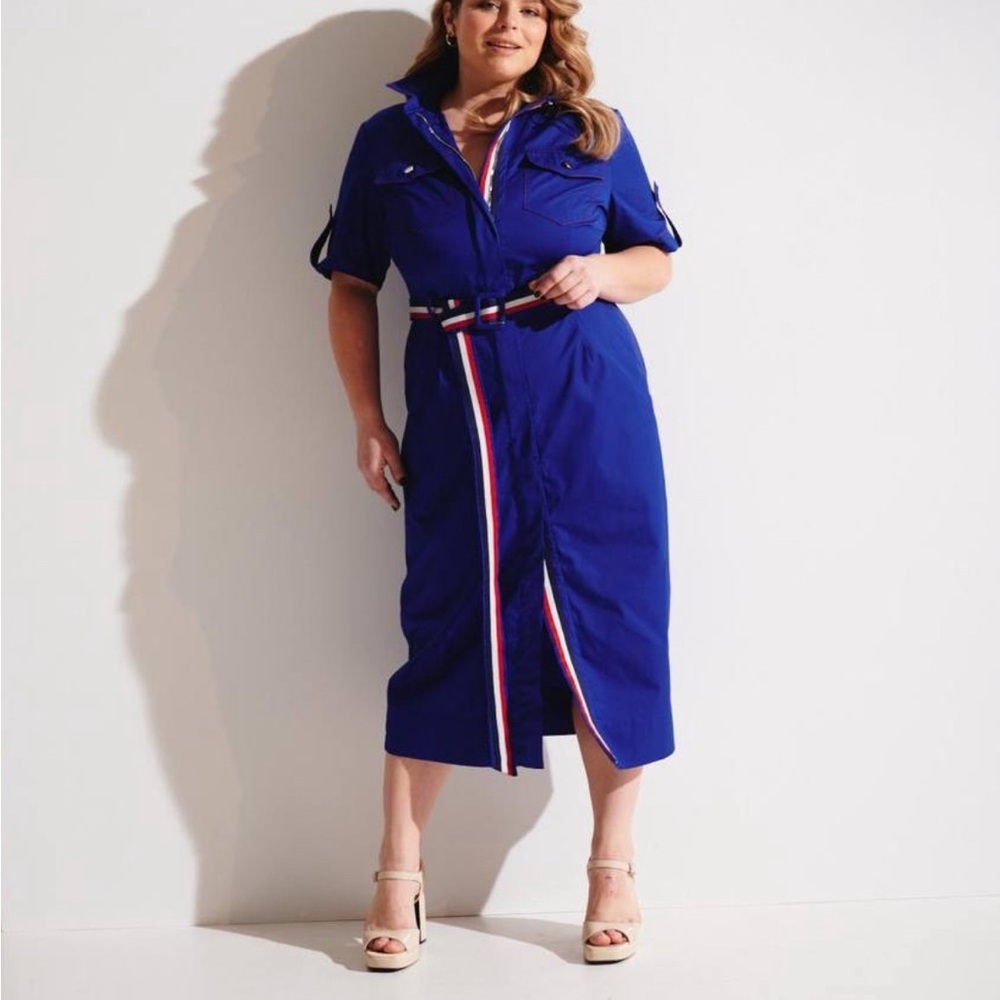 NWOT Designer Andre Tan Midi Blue Shirt Dress with Tricolor Tape Belt/Zipper.